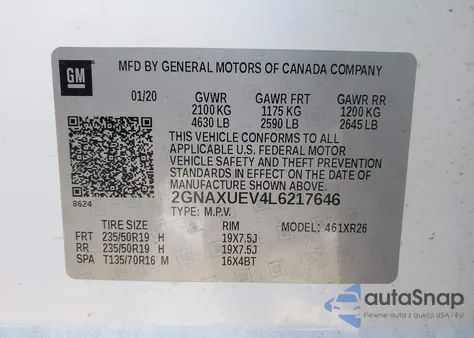 2020 Chevrolet Equinox Awd Lt 1.5L Turbo z USA, uszkodzony, nr VIN 2GNAXUEV4L6217646